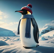 An emperor penguin with scarf and cap in the Antarctic ice, AI generated, AI generated