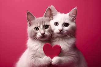 Pair of hugging cats holding heart in front of pink studio background. KI generiert, generiert AI