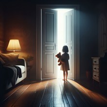 A little girl stands with a teddy bear in a dark room in front of a light from a door, symbolic