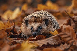 Single hedgehog in forest with colorful autumn leaves. Generative Ai, AI generated