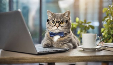 Symbol photo, a young cute cat with glasses, doing business with a laptop and a mobile phone, AI