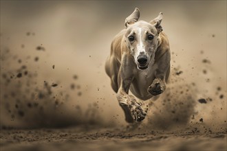 Greyhound dog running on sandy ground. Generative AI, AI generated