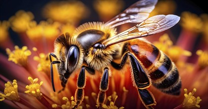 Macro shot of a honeybee (Apis mellifera) collecting pollen, highlighting the fine details of its