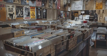 Vintage record store with dusty vinyl albums in wooden crates, old band posters on the walls, and