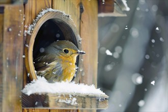 Small bird in wooden feeding house in snow during winter. Generative AI, AI generated