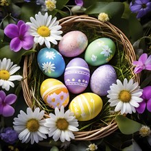 Vibrant-colored Easter eggs in a wicker basket, surrounded by delicate spring flowers, AI generated