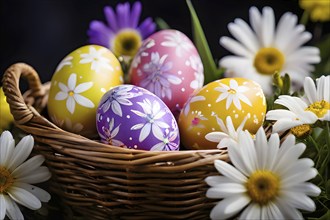 Vibrant-colored Easter eggs in a wicker basket, surrounded by delicate spring flowers, AI generated