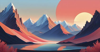 Minimalist landscape with stylized mountains and a setting sun, represented by simple geometric