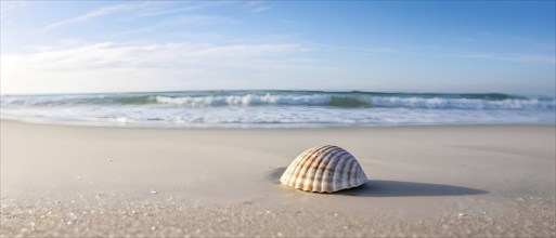 Isolated seashell resting on a smooth, empty beach, with soft waves gently approaching the