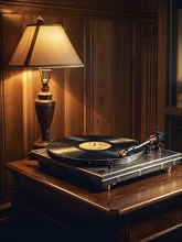 Vintage turntable spinning an old vinyl record, with the warm glow of a single lamp, AI generated