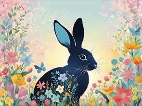 Abstract illustration of a bunny silhouette filled with a collage of spring flowers and vivid