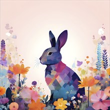 Abstract illustration of a bunny silhouette filled with a collage of spring flowers and vivid