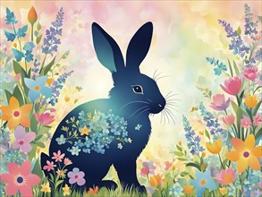 Abstract illustration of a bunny silhouette filled with a collage of spring flowers and vivid