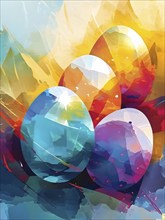 Easter-inspired abstract artwork with layered, translucent egg shapes overlapping with bursts of