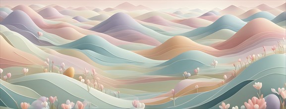 Easter-themed abstract landscape with fluid, flowing lines representing hills, flowers, and hidden