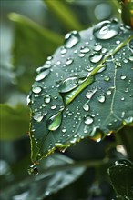 Raindrop on a fresh spring leaf, perfectly reflecting the surrounding garden in the droplet, AI