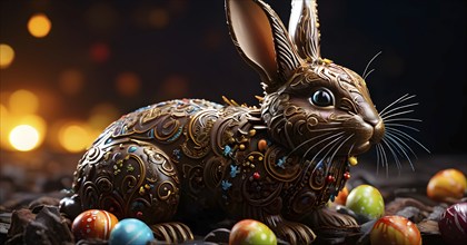 Easter bunny figurine made of chocolate, with a soft focus on intricate patterns and glossy