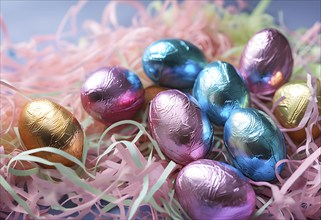 Small chocolate Easter eggs wrapped in shiny foil, placed on a bed of shredded pastel-colored