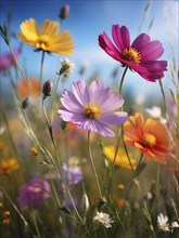 Wildflowers in a meadow, with a soft breeze slightly moving the petals, creating a serene and