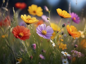 Wildflowers in a meadow, with a soft breeze slightly moving the petals, creating a serene and