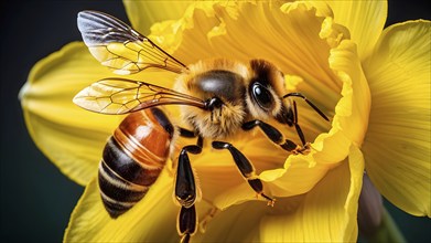 Honeybee collecting nectar from a vibrant yellow daffodil, showing intricate details of the flower