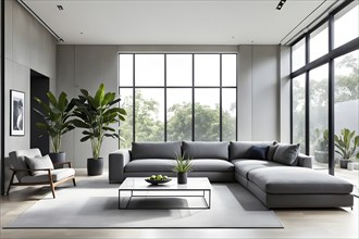 Render of a minimalist living room with clean lines and neutral tones, featuring a modern grey