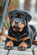 Cute rottweiler seating on the ground and looking curiously in the camera, AI generated