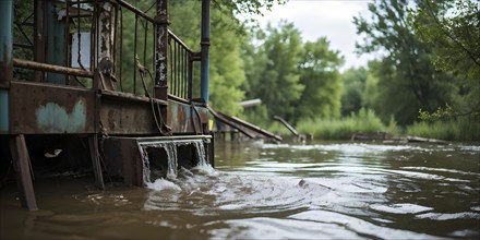 Abandoned playground submerged by the encroaching waters of a river in flood, AI generated