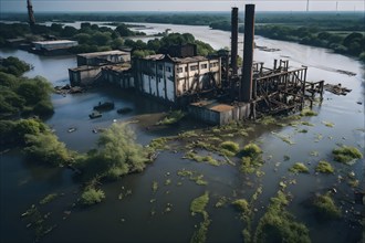 Aerial view on dilapidated factory structures in a water flood, AI generated