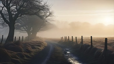 Fog covered landscape of a moor in Britain, AI generated