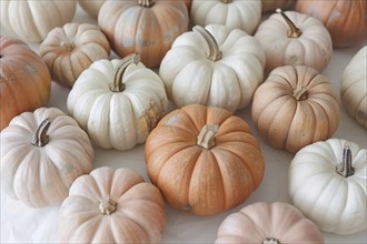 Many small orange and white pumpkins. Generative Ai, AI generated