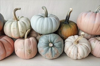 Stacks of dfferent pastel colored pumpkins. Generative Ai, AI generated