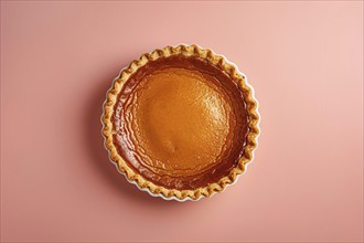 Whole pumpkin pie on pink background. Generative Ai, AI generated