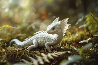 Small white dragon in forest. Generative Ai, AI generated