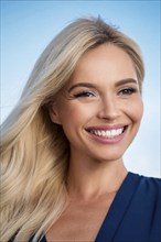 An attractive blonde woman with beautiful teeth, make up, studio, AI generated