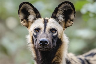 Portrait of African wild dog in fornt of blurry background. Generatve Ai, AI generated