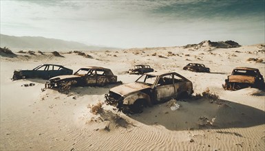 Abandoned, rusty cars in a vast, sandy desert landscape, symbol photo, AI generated, AI generated