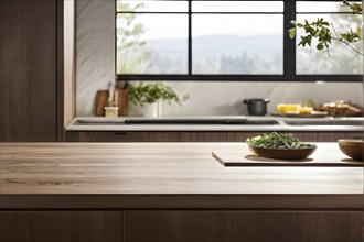 Wooden kitchen with top counter and other modern interior elements, AI generated