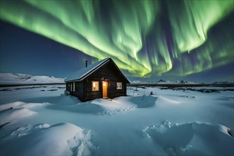 Aurora borealis illuminating snow covered fjord landscape with a wooden cabin in vibrant hues, AI