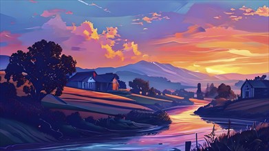 Abstract illustration of a sunset over a rural landscape in vivid and vibrant colors, AI generated