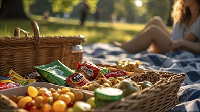 Picnic scene with healthy food and snacks in a sunny park, AI generated