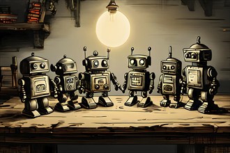 Team of robots styled as vintage toys poised atop an antique wooden table, AI generated