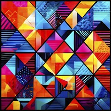 Abstract geometric patchwork illustration with vibrant intersecting geometric shapes filled with