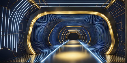 Tunnel structure in blue and golden hues representing data and communication in abstract geometric