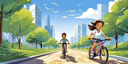 Vector cartoon illustration of a young boy and a young girl cycling in a city park in summer, AI