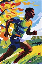 Wallpaper illustration of a jogger running through a park spring in vibrant colors, AI generated