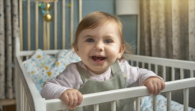 Smiling baby leaning against cot, flooded with sunlight, AI generated, AI generated