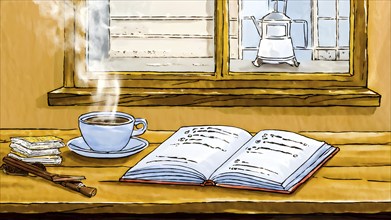 Illustration drawing of a book and coffee cup on a rustic wooden table in a tranquil scenery, AI