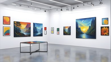 Art gallery with canvas and plastics in a 3D illustration, AI generated