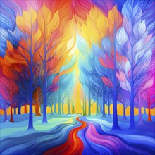 Vibrant depiction wallpaper illustration of trees in transition between autumn and winter, AI